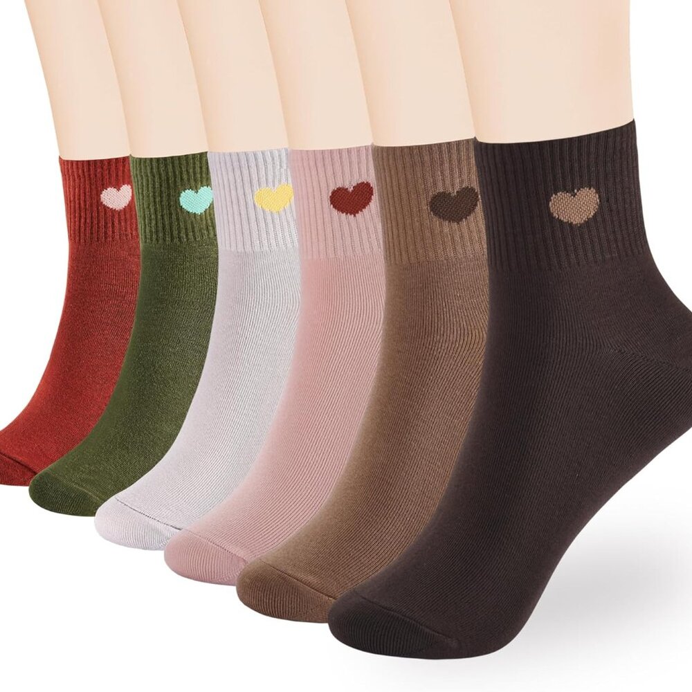 Women's Soft Cotton Ankle Crew socks - 6-Pairs Fun Cute Heart Novelty Design Pac